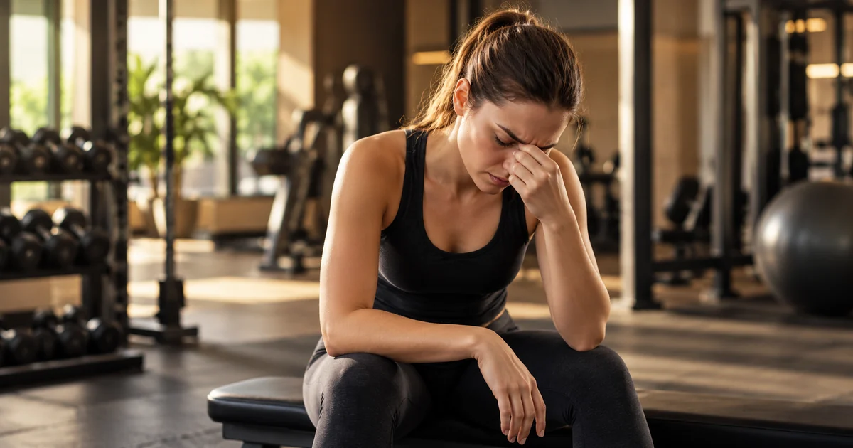 Mulher com dor de cabeça após exercício, sentada em academia.