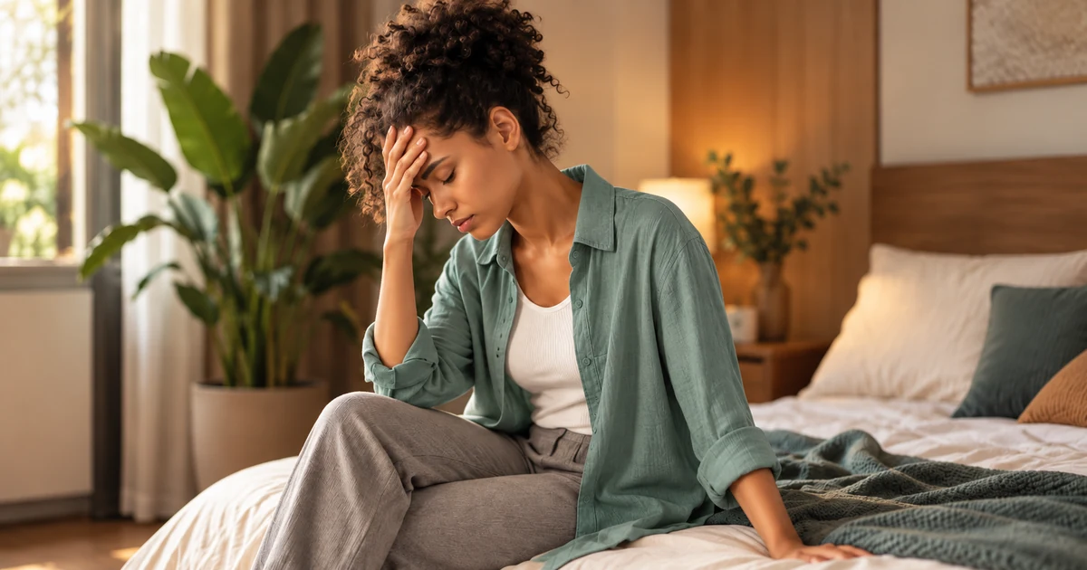 Mulher com enxaqueca menstrual durante período relacionado ao ciclo hormonal