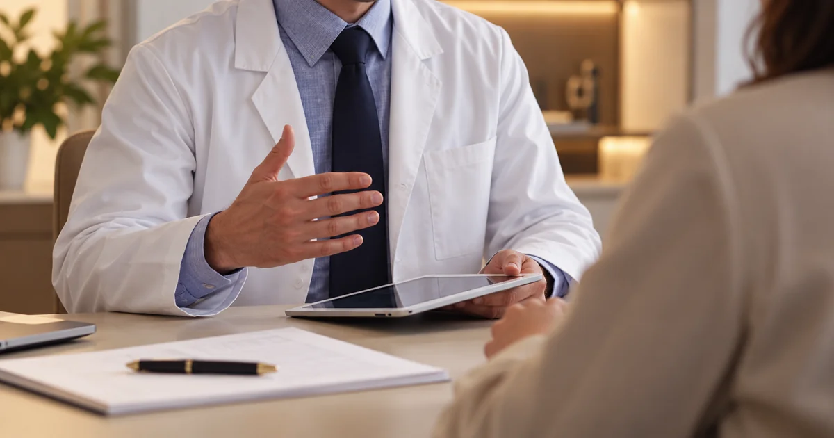 Médico em consulta orientando paciente sobre controle da enxaqueca e acompanhamento.